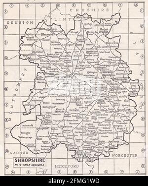 Mappa vintage di Shropshire, Regno Unito 1930 Foto Stock