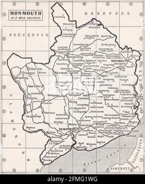 Mappa d'epoca di Monmouth, Regno Unito, anni '30 Foto Stock