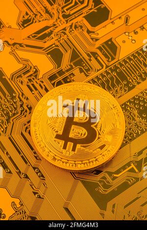 Token Bitcoin oro criptovalente e circuito PC/scheda madre per circuito stampato. Per la sicurezza della valuta digitale, la crittografia, il crash della criptovaluta, il prezzo di Bitcoin. Foto Stock