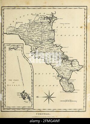 Cornovaglia è una contea cerimoniale nel sud-ovest dell'Inghilterra. È riconosciuta come una delle nazioni celtiche ed è la patria del popolo della Cornovaglia. Incisione su copperplate dell'Enciclopedia Londinensis OR, dizionario universale delle arti, delle scienze e della letteratura; Volume V; a cura di Wilkes, Giovanni. Pubblicato a Londra nel 1810 Foto Stock