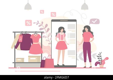 Donna di bellezza che prova sulle cose nella stanza virtuale di adattamento. App sul telefono cellulare è uno spogliatoio online. Banner con nuove tecnologie di moda. Internet Illustrazione Vettoriale
