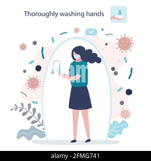 La donna lava accuratamente le mani con sapone. Il carattere femminile è protetto dal coronavirus e dalle malattie. Disinfezione e protezione contro virus e. Illustrazione Vettoriale