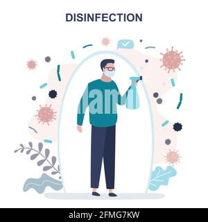 Uomo in piedi e disinfetta. Il carattere maschile è protetto dal coronavirus e dalle malattie. Disinfezione e protezione contro virus e germi. Proteggere Illustrazione Vettoriale