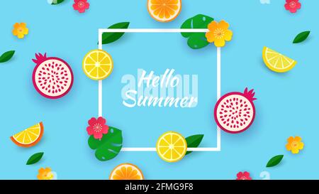 Ciao estate. Design con forme di carta tagliata da frutta e foglie tropicali. Modello per banner, cartolina, poster. Vettore Illustrazione Vettoriale
