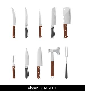 Set di utensili da cucina e da cucina. Ristorante, barbecue, carne coltelli icone. Elementi di design vintage per logo, poster, emblema. Illustrazione vettoriale Illustrazione Vettoriale
