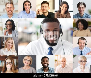 Collage di persone multiculturali Ritratti che comunicano tramite videochiamata Foto Stock
