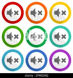 Icone vettoriali per il volume degli altoparlanti, set di pulsanti colorati dal design piatto per applicazioni di webdesign e mobili Illustrazione Vettoriale