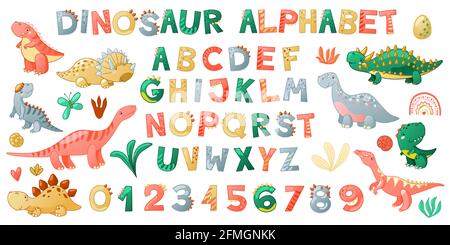 Cartoon cute Dinosaur alfabeto. Carattere Dino con lettere e numeri. Illustrazione vettoriale per i bambini per t-shirt, biglietti, poster, eventi di compleanno, disegno di carta, bambini e progettazione di vivai Illustrazione Vettoriale