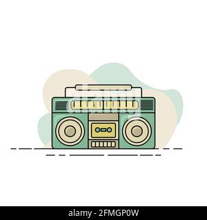 Design piatto della radio con stereo portatile. Radio Cartoon per la progettazione di modelli musicali. Illustrazione Vettoriale