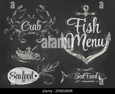 Set collezione di frutti di mare e menu di pesce con pescatore di granchio e pesce e ancora esca gancio e stilizzato per il disegno con gesso sulla lavagna Illustrazione Vettoriale