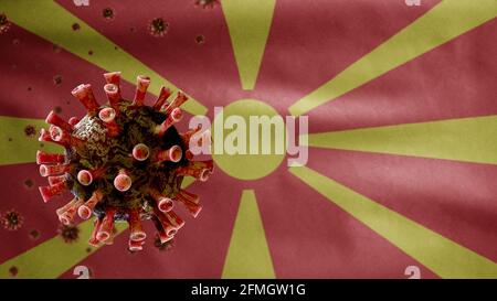 3D, onda bandiera macedone e concetto di Coronavirus 2019 nCov. Focolaio asiatico nella Macedonia settentrionale, coronavirus influenza come casi pericolosi di ceppo influenzale Foto Stock