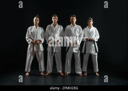 Quattro kateka in kimono bianco, formazione di gruppo Foto Stock