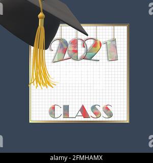 classe di graduazione 2021. Classe di 2021 anni con tappo e passetta. Istruzione, laurea 2021 concetto, testo 2021 classe su bianco blu. Illustrazione 3D Foto Stock