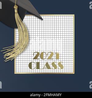 Classe di 2021. Congratulazioni laureati modello di design con cappellino accademico, tassel oro, testo 2021 classe su bianco blu. Illustrazione Foto Stock