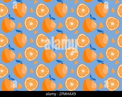 Frutta d'arancia intera e mezza tagliata senza cuciture. Rovina tropicale con foglie arancione e sfondo blu ripetuto. Illustrazione vettoriale per il tessuto o. Illustrazione Vettoriale