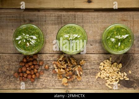 Esempi di pesto di aglio selvatico che è stato fatto con noci diverse. Pesto di nocciola sinistra-destra e aglio selvatico, pesto di noce e aglio selvatico e pino Foto Stock