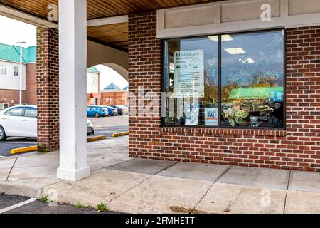 Sterling, USA - 21 novembre 2020: Ingresso a Virginia città per Hogan e canzoni auto riparazione azienda negozio con segno per le emissioni ispezionti Foto Stock