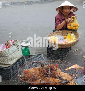 Donna vietnamita con cappello conico che vende frutta e polli da bancarella di strada, Hoi An, Vietnam Foto Stock