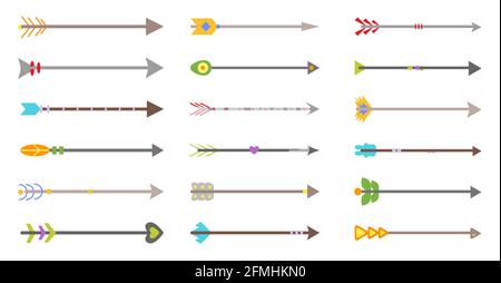 Frecce colorate medievali fiocco vettore colore piatto. Armi fantasy per menu, notebook. Freccia Hipster con piume in diversi stili per abbigliamento. Colpire il bersaglio. Puntatore Illustrazione Vettoriale
