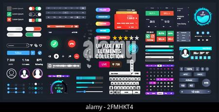 Template Elements UI, UX, KIT per Web, app e dashboard. Interfaccia utente universale per applicazioni di progettazione Web o per telefoni cellulari. Vector Set (impostazione vettore) - interruttori Illustrazione Vettoriale