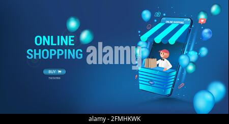 Negozio online tramite smartphone. Il venditore guarda fuori del telefono - concetto di shopping online. Banner Web 3D per lo shopping online sul sito Web o sull'app mobile Illustrazione Vettoriale
