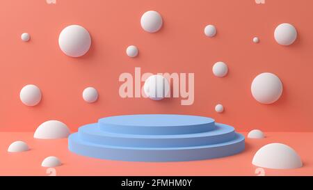 Immagine 3D di un piedistallo blu su sfondo arancione. Foto Stock