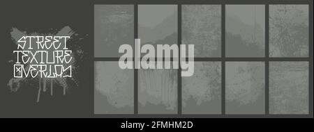 Grunge overlay timbro e la texture urbana con danni, calcestruzzo, effetto gioco, vecchi e altri effetti. Texture di sovrapposizione raccolta vettoriale con inchiostro goccia Illustrazione Vettoriale