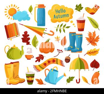 Set di cartoni animati trendy e grugnosi disegnati a mano in autunno. Congedo di caduta rurale, caffè del libro, ombrello, doodle tazza adesivo raccolta pennellate di inchiostro. Bollitore, zucca autunno sporco spazzole clip art card vettore Illustrazione Vettoriale