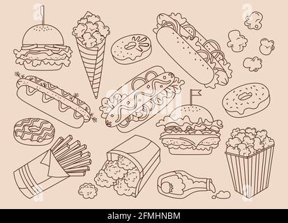 Fast food, set vintage disegnato a mano. Doodle ciambelle hot dog, hamburger, patate, chetchup noccioline e pop corn icone. Menu card fast food. Cheeseburger, bevande. Elementi decorativi vettoriali caffè, menu, bar Illustrazione Vettoriale