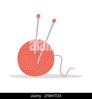 Sfera di filo con aghi per maglieria. Simpatica matassa disegnata a mano. Personalizza gli elementi del negozio. Illustrazione vettoriale in stile cartoon piano Illustrazione Vettoriale