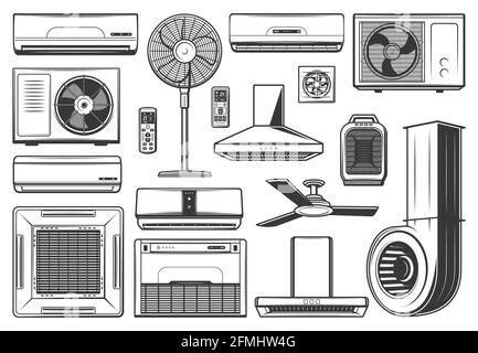 Icone di apparecchi di condizionamento e ventilazione, articoli di impianti di climatizzazione, vettore. Scarico cucina o cappa da cucina e sistema di split clima appi Illustrazione Vettoriale