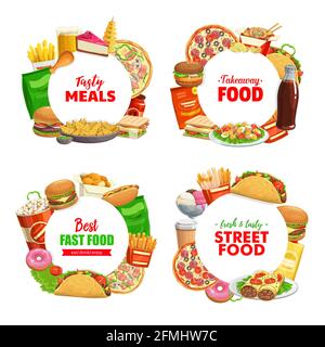 Fast food, striscioni rotondi, hamburger vettoriale, ketchup e tazza di caffè, tagliatelle con gamberi, burritos e patatine pack con bottiglia di soda. Cartoni animati con tak Illustrazione Vettoriale