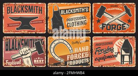 Lavori di fucinatura e ferro in acciaio di fabbro, lastre metalliche arrugginite e poster vettoriali retrò. Officina di fabbro, incudine e martello in mano, mano f Illustrazione Vettoriale