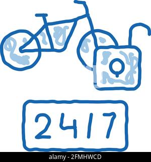 servizio di condivisione bici 24 ore su 24, icona doodle illustrazione disegnata a mano Illustrazione Vettoriale