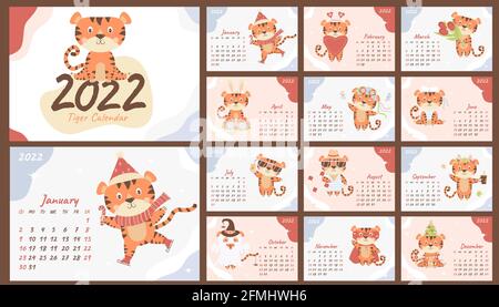 Modello calendario da parete per 2022. Anno della Tigre nel calendario cinese o orientale. Un insieme di 12 pagine e una copertina con una tigre carina a righe. Vettore Illustrazione Vettoriale