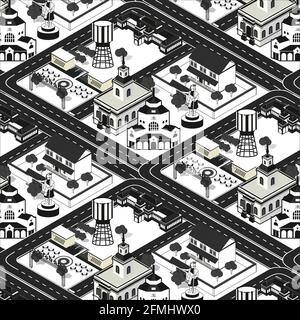 Illustrazione isometrica della città in bianco e nero con edifici, strade, alberi in colore monotono Illustrazione Vettoriale