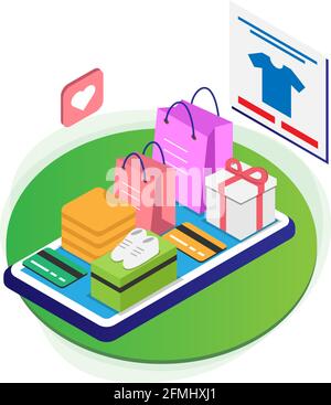E-Commerce Isometrica Illustrazione moderna Vector con Shopping Borse, regali, Scarpe, Amore, Moda e carte di credito Illustrazione Vettoriale