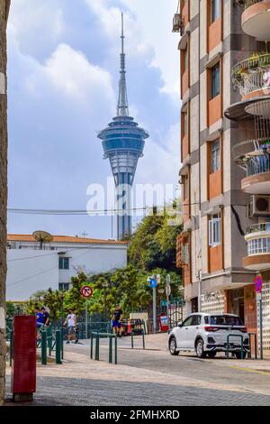 Macao, Cina - 2 Aprile 2020: Torre turistica di macao in cina, questo è l'edificio distintivo della città. Foto Stock