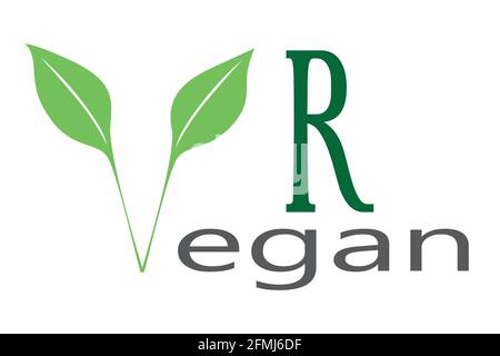 Design modello logo vegan. Icona a forma di foglia verde con testo su sfondo bianco. Illustrazione Vettoriale