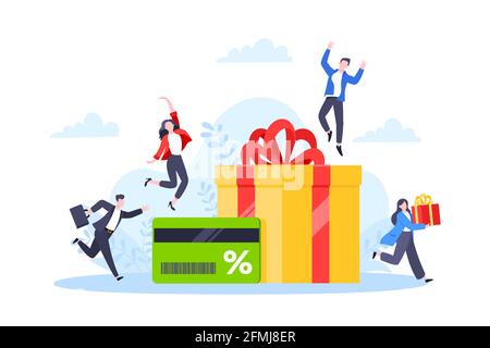 Ottenere carta fedeltà e servizio clienti business concept flat design vettoriale illustrazione. Illustrazione Vettoriale