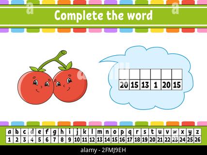 Completare le parole. Codice cifrato. Imparare vocabolario e numeri. Foglio di lavoro Education. Pagina delle attività per lo studio dell'inglese. Illustrazione vettoriale isolata. Illustrazione Vettoriale
