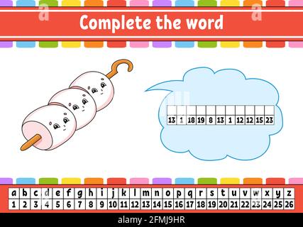 Completare le parole. Codice cifrato. Imparare vocabolario e numeri. Foglio di lavoro Education. Pagina delle attività per lo studio dell'inglese. Illustrazione vettoriale isolata. Illustrazione Vettoriale