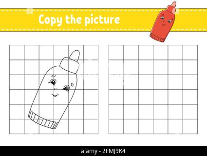 Copiare la foto. Colorare le pagine del libro per i bambini. Foglio di lavoro per lo sviluppo dell'istruzione. Gioco per bambini. Pratica di scrittura a mano. Personaggio cartoon. Illustrazione Vettoriale