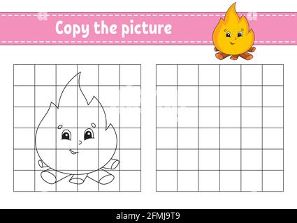 Copiare la foto. Colorare le pagine del libro per i bambini. Foglio di lavoro per lo sviluppo dell'istruzione. Gioco per bambini. Pratica di scrittura a mano. Personaggio cartoon. Illustrazione Vettoriale