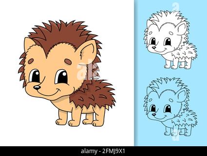 Riccio selvatico. Serie di illustrazioni vettoriali isolate su sfondo bianco e colorato. Elemento di progettazione. Tratto nero. Stile cartone animato. Illustrazione Vettoriale