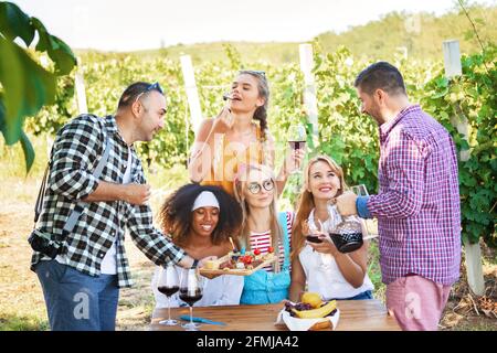 Felici amici multirazziali che si divertono insieme bevendo vino rosso e degustazione di bio-cibo in campagna vigneto Foto Stock