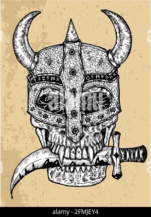 Illustrazione testurizzata del cranio spaventoso nel timone a cavaliere che tiene il coltello pugnale nei denti. Sfondo mistico per Halloween, concetto esoterico, gotico, occulto Illustrazione Vettoriale