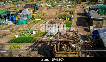 Vista panoramica dei giardini di assegnazione della città Foto Stock