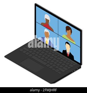 Parlare con i colleghi del piano in videoconferenza. Team aziendale multietnico che utilizza un computer portatile per una riunione online durante una videochiamata. Gruppo di persone intelligente Illustrazione Vettoriale