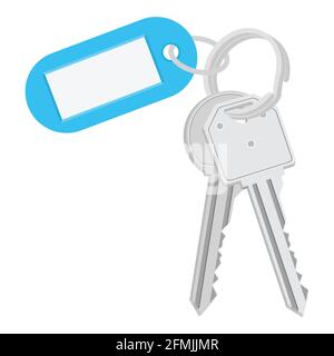 Immagine vettoriale etichetta blu vuota e tasti. Insieme di tasti con portachiavi isolato su sfondo bianco Illustrazione Vettoriale